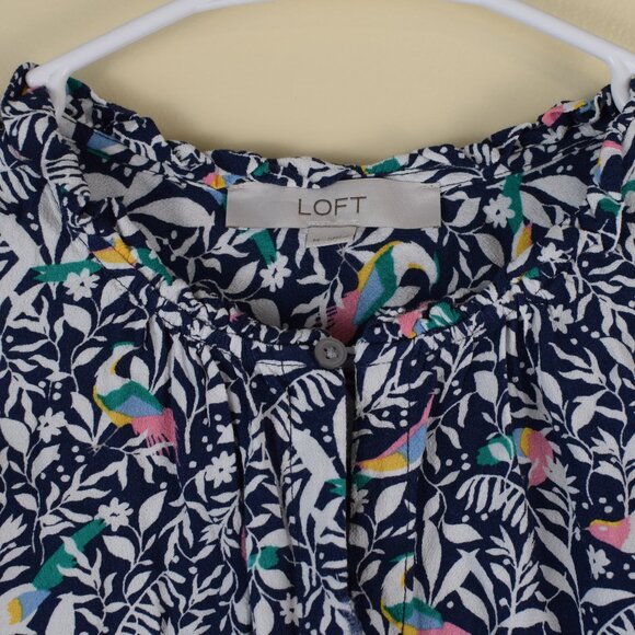 LOFT Navy Tropical Bird Print Ruffle Bright Blouse Summer Spring Lightweight - M - Picture 2 of 12